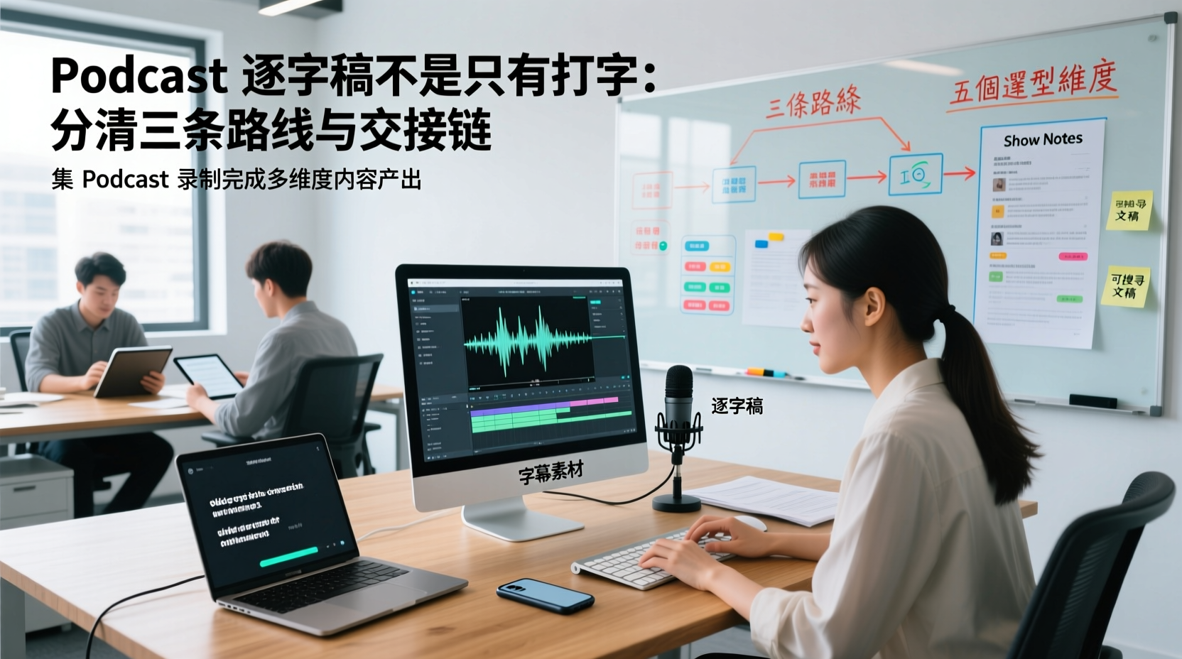 Podcast 逐字稿不是只有打字:分清三條路線與交接鏈,把音檔接到字幕、Show Notes 與可搜尋文稿